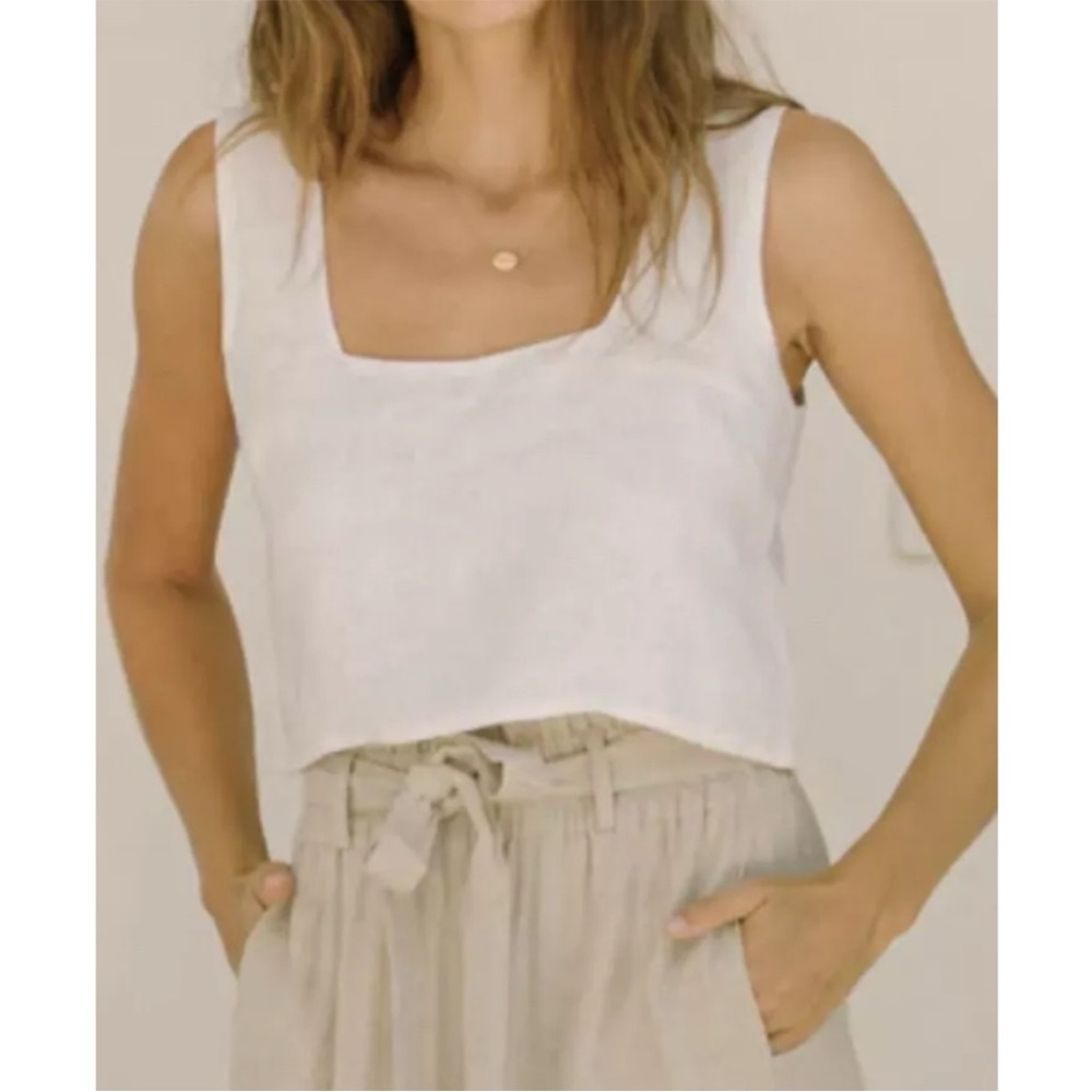Free The Label White Roma Sleeveless Crop Tank Top 100% Linen Size S - Picture 7 of 8